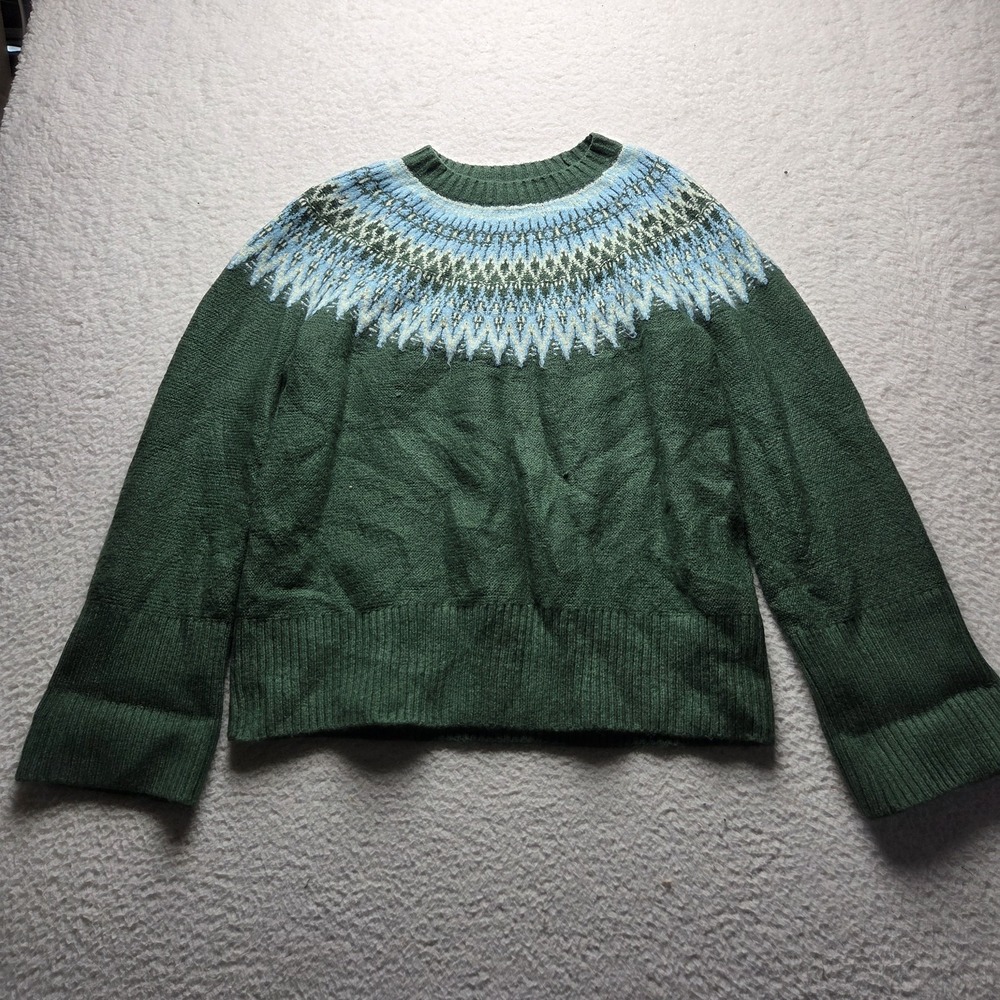 Talbots Sweater Womens Small Green Crew Neck Long Sleeve Fair Isle Knit Pullover